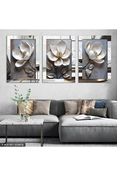 Evinemoda Beyaz Çiçek 3 Parça Gümüş Pleksi Aynalı Tablo