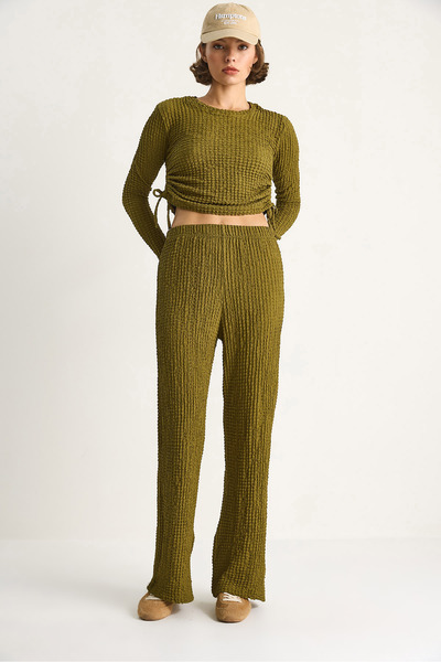 Bianco Lucci Women's Tie-Side Crop Top with Elastic Waist High-Waisted Pants Wrap-Style Top and Bottom Set 60284110