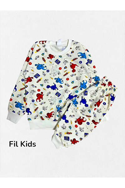 Fil Kids Boy's Cotton Fabric Ecru Colored Dinosaurs Patterned Long Sleeve Winter Pajama Set