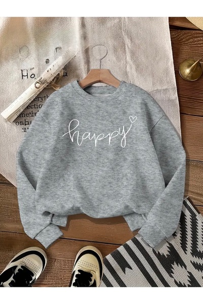 FUFLUNS Happy Printed Oversized Unisex Women'S/Men's Crop Neck Sweatshirt