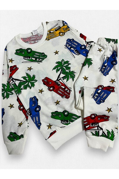 Fil Kids Erkek Çocuk Pamuklu Kumaş Beyaz Renk Tatil Araba Desenli Uzun Kollu Kışlık Pijama Takımı