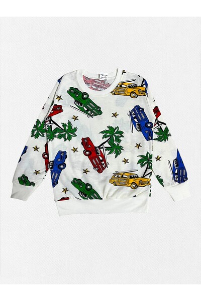 Fil Kids Erkek Çocuk Pamuklu Kumaş Beyaz Renk Tatil Araba Desenli Uzun Kollu Kışlık Pijama Takımı