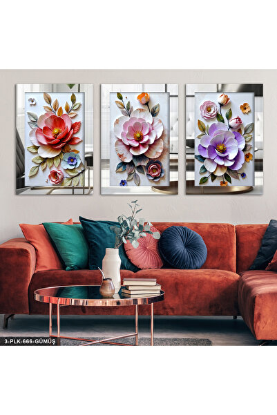 Evinemoda Renkli Çiçekler 3 Parça Gümüş Pleksi Aynalı Tablo