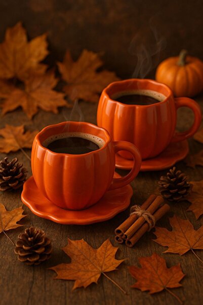 Genel Markalar El Yapımı 2 Adet Tabaklı Seramik Bal Kabağı Çay Kahve Fincan T...