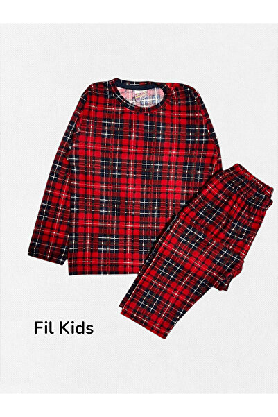 Fil Kids Girls' Cotton Suede Fabric Red Plaid Pattern Long Sleeve Crew Neck Winter Pajama Set