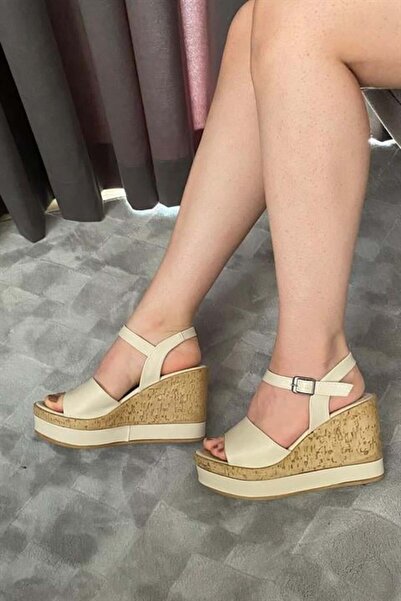 Les Passent Women's Beige Leather Single Strap Wedge Sole Shoes K-520
