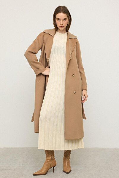 Olcay Knitwear Collared Raglan Sleeve Cashmere Coat Biscuit 3099