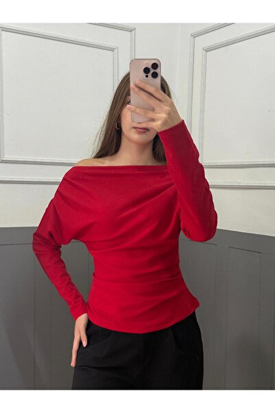 peri tower New Product Drape/Ruching Detail Flowy Neckline Knitted Crepe Fabric Long Sleeve Blouse 0031