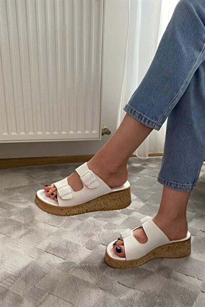 Les Passent Women's White Double Strap Thick Cork Sole Orthopedic Sandals Slippers K-270