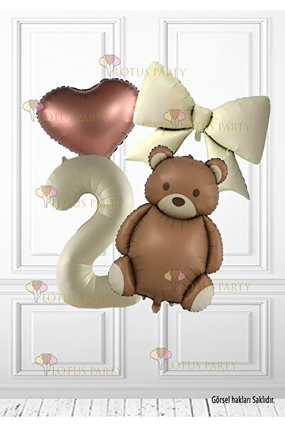 LOTUS PARTY 2 Year Old Brown Retro Bear - Cream Number Balloon - 1 Cream Bow Foil Balloon - 1 Brown Heart