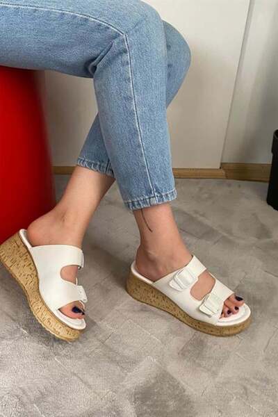Les Passent Women's White Double Strap Thick Cork Sole Orthopedic Sandals Slippers K-270