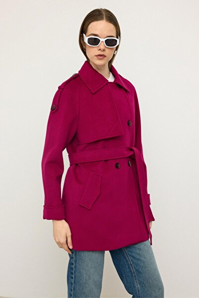 Olcay Reglan Sleeve Epaulet and Cape Detailed Cashmere Coat Fuchia 3131