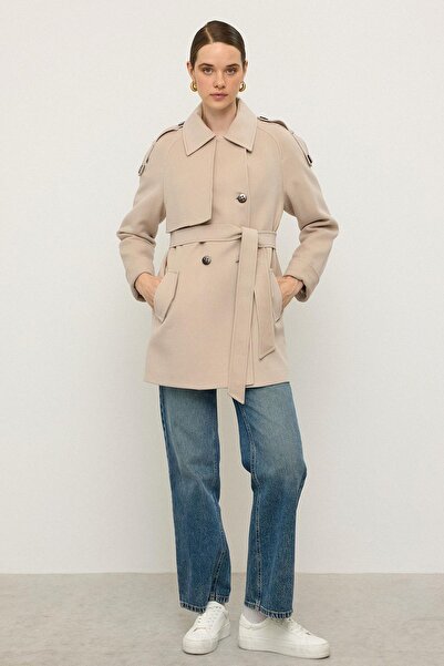 Olcay Reglan Sleeve Epaulet and Cape Detailed Cashmere Coat Light Beige 3131