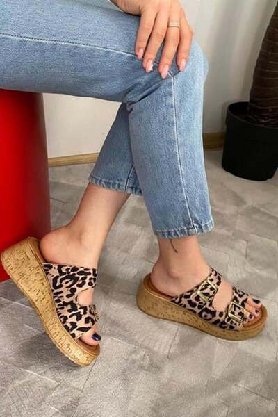 Les Passent Women's Leopard Pattern Double Strap Thick Cork Sole Orthopedic Sandals Slippers K-270