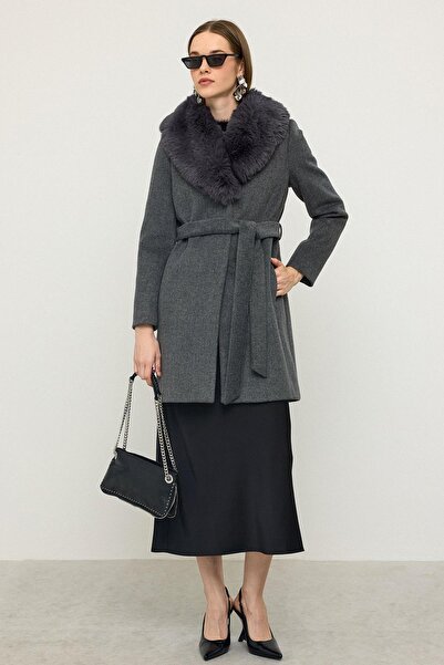 Olcay Shawl Collar Fur Waist-Tied Coat Dark Gray 3093