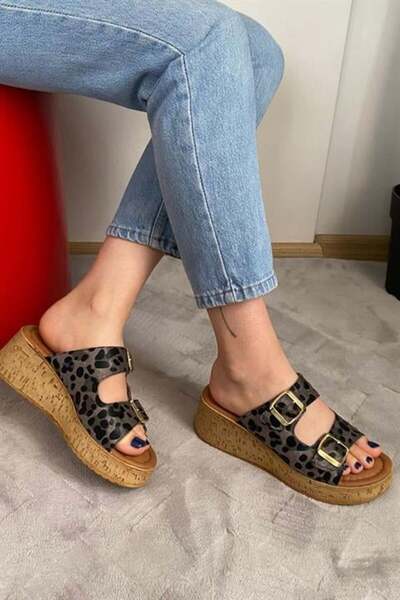 Les Passent Women's Black Leopard Double Strap Thick Cork Sole Orthopedic Sandals Slippers K-270