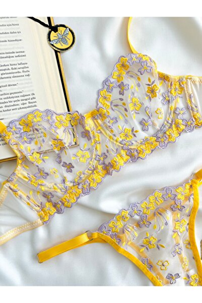 Amelia Paris Lingerie Sarı Çiçek Desenli Balenli Kapsız Sütyen Tanga Brode İç Çamaşırı Takımı