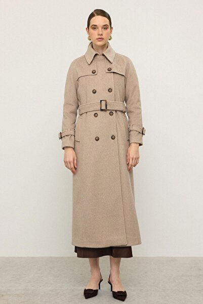 Olcay Reglan Sleeve Cape Detailed Long Moher Coat Kum 3144