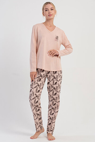 VİENETTA Cotton Women's Plus Size V-Neck Long Sleeve Pajama Set, 503170