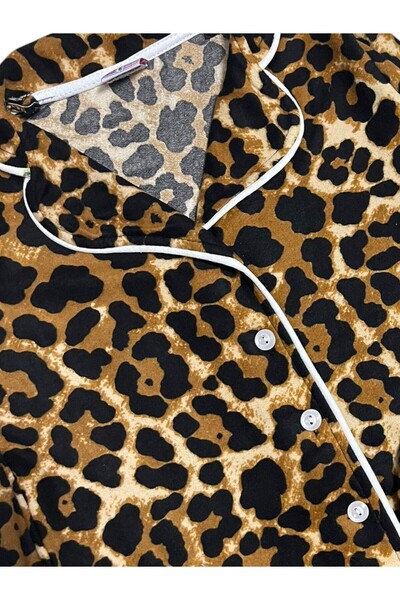Fil Kids Mother-Daughter Cotton Suede Brown Leopard Piping Pattern Long Sleeve Shirt Collar Winter Pajamas Set