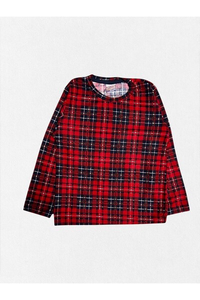 Fil Kids Kız Çocuk Pamuklu Süet Kumaş Kırmızı Ekose Desenli Uzun Kollu Bisiklet Yaka Kışlık Pijama Takımı