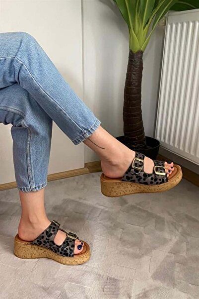 Les Passent Women's Black Leopard Double Strap Thick Cork Sole Orthopedic Sandals Slippers K-270