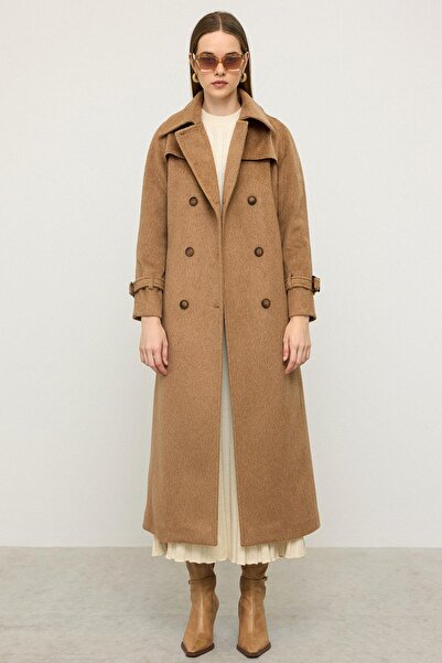 Olcay Reglan Sleeve Cape Detailed Long Moher Coat Kamel 3144