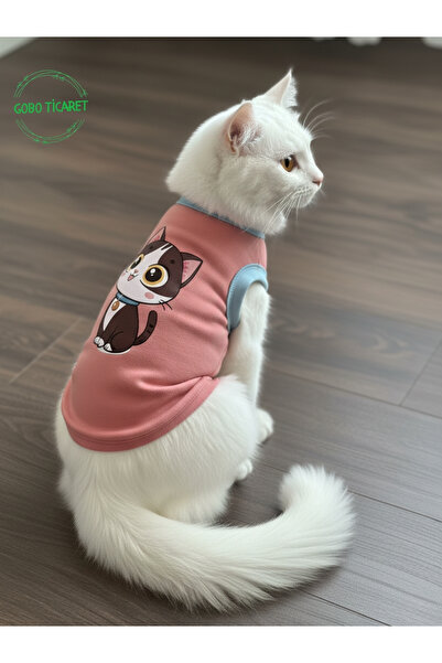 Gobo Şeker Pembe Renkli Kedi ve Köpek Kıyafeti Elbisesi Siyah Kedi Baskılı XSMALL/XS/Beden 0