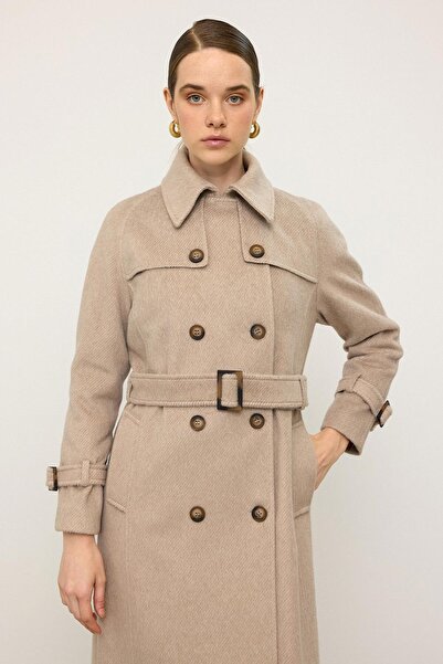 Olcay Reglan Sleeve Cape Detailed Long Moher Coat Kum 3144