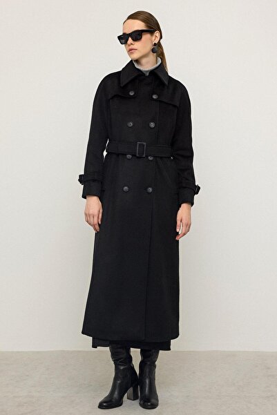 Olcay Reglan Sleeve Cape Detailed Long Moher Coat Black 3144
