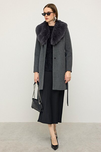Olcay Shawl Collar Fur Waist-Tied Coat Dark Gray 3093