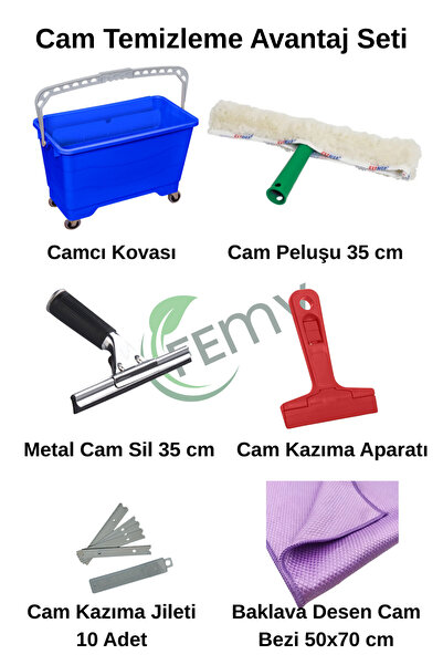 Femy Cam Temizlik Avantaj Seti | Tekerlekli Kova, Cam Peluşu, Metal Çek Sil, ...