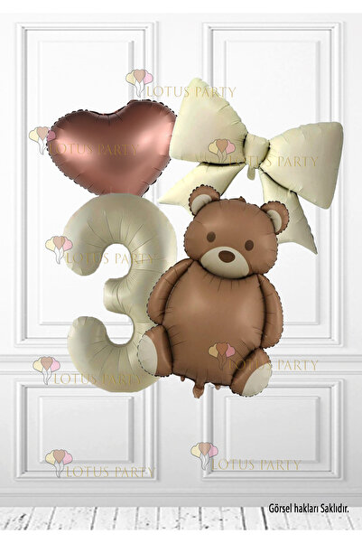 LOTUS PARTY 3 Year Old Brown Retro Bear - Cream Number Balloon - 1 Cream Bow Foil Balloon - 1 Brown Heart