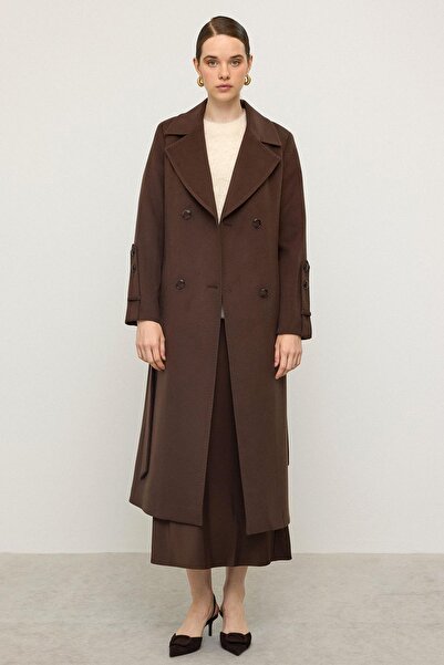 Olcay Knitted Stitch Detailed Self-Patterned Limited Edition Coat Brown 3134