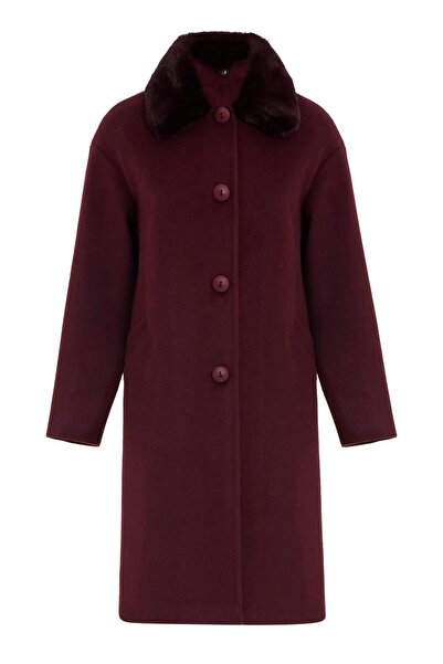 Olcay Detachable Fur Low Sleeve Plus Size Coat Mürdüm 3089