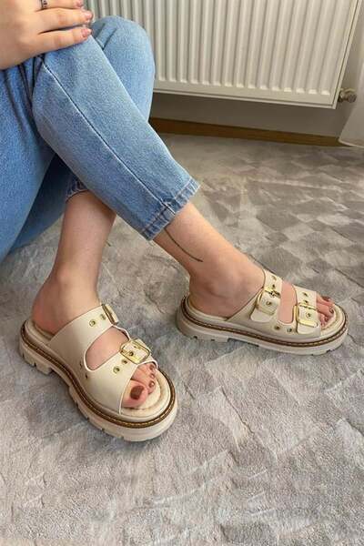 Les Passent Women's Beige Double Strap Capsule Detailed Thick Sole Orthopedic Sandals Slippers K-100