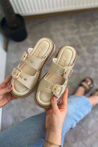 Les Passent Women's Beige Double Strap Capsule Detailed Thick Sole Orthopedic Sandals Slippers K-100