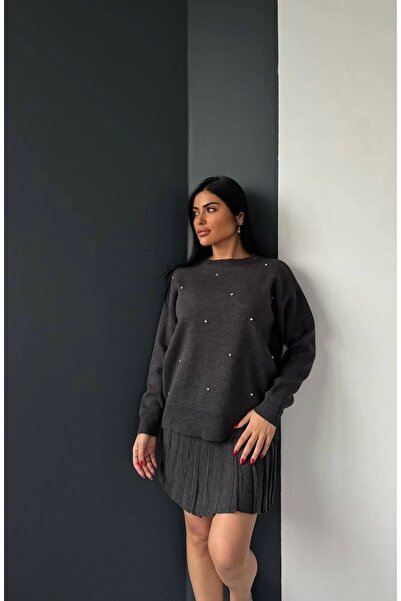 Lusin Women's Anthracite Pearl Stone Embroidered Sweater Skirt Bottom Top Two-Piece Knitwear Set