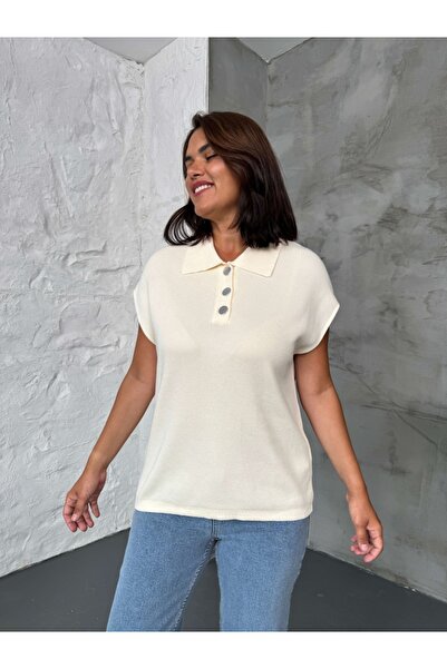 Elif Özbey Butik Ecru Polo Neck Buttoned Knit Blouse