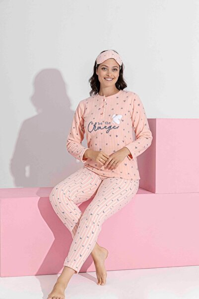 Mine style Polar Pink Embroidered Heart Patterned &lt;&gt; Reported Fleece Fabric Winter Warm Pajama Set