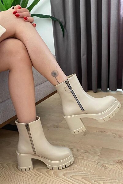 Les Passent Cizme cu toc cu platformă de 8 cm cu fermoar din piele cremă Alar...