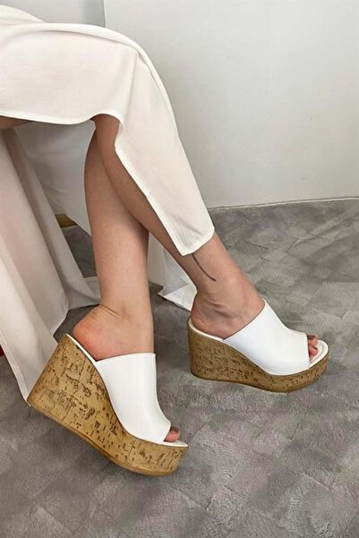 Les Passent Women's Holi White 10 cm Tolga Cork Sole Slippers K-920