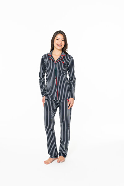 U.S. Polo Assn. New Season Women's Striped Pajama Set with Button Front (Buttoned Front)