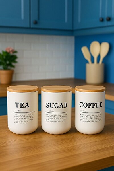 Porselen Diyarı 3'lü Bambu Sızdırmaz Kapaklı Beyaz Yazılı Cam 1000 Ml Kavanoz...