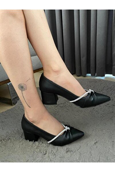 Les Passent Women's Black Stone Bow 5 cm Thick Heeled Shoes