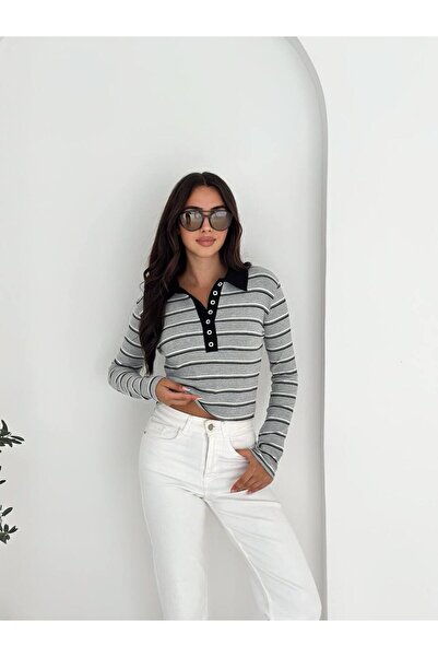 Sempre سترة ناعمة بياقة بولو وأزرار مخططة