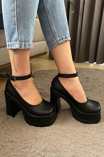 Les Passent Women's Black Leather Ankle Strap (12 cm) Platform Heeled Shoes