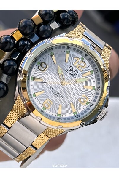 Q&Q Men's Wristwatch, Yellow Silver Color Steel Band, 5 Atm Water Resistant, with Bracelet Gift