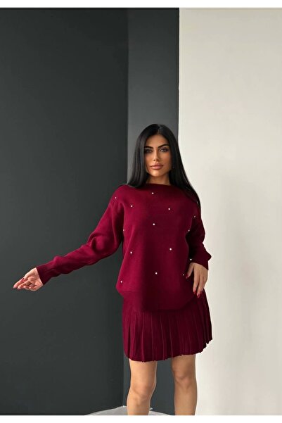 Lusin Women's Burgundy Pearl Stone Embroidered Sweater Skirt Bottom Top Two-Piece Knitwear Set