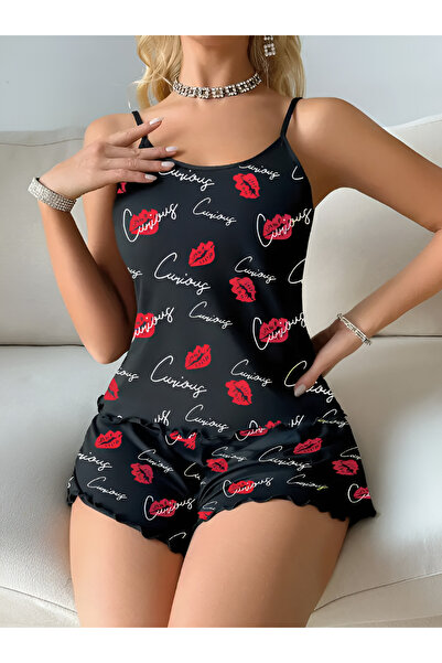 Blizard Kadın Siyah Oniks Parlak Dudak Desenli Fırfırlı Şortlu Pijama Takımı